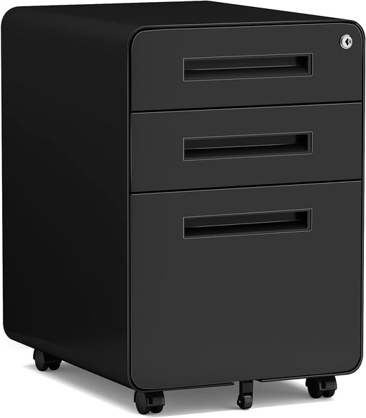 MIIIKO Mobile Filing Cabinet 3 Drawer, Rolling Small File Cabinet with Keys Under Desk, Modern Black Filing Cabinets for Home Office with Anti-tilt Wheels, A4/Letter/Legal Hanging File Drawers