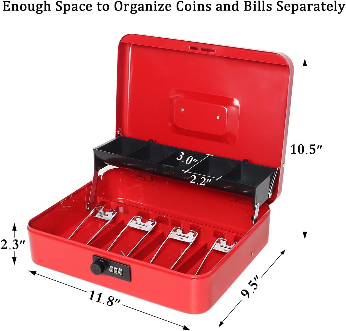 Jssmst Large Locking Cash Box with Money Tray, Metal Money Box with Combination Lock Cash Safe with Security Cable, Red