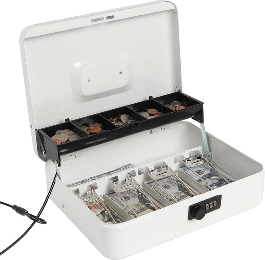 Jssmst Large Locking Cash Box with Money Tray, Metal Money Box with Combination Lock, White