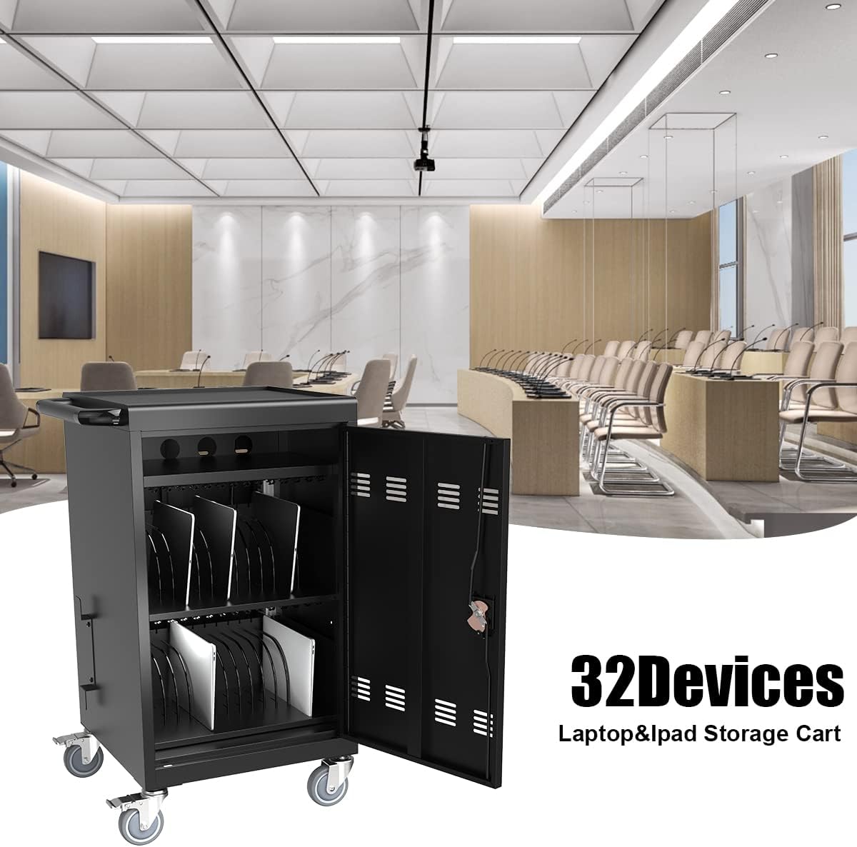 Laptop Charging Cart, 32 Device Tablet Storage Carts for iPad Up to 16.3" Screen Size, Mobile Charging Station for Classroom, with Cord Organizer, Front and Back Access Locking Cabinet Black