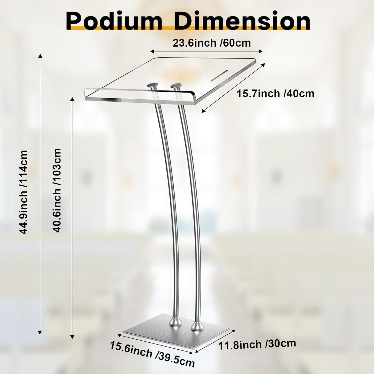 45'' Acrylic Podium Stand - Ultra Clear Iron Podium Pulpits for Churches, Modern Lectern for Conference, Speech, Classroom - 44.9''H x 23.6''L x 15.7''W