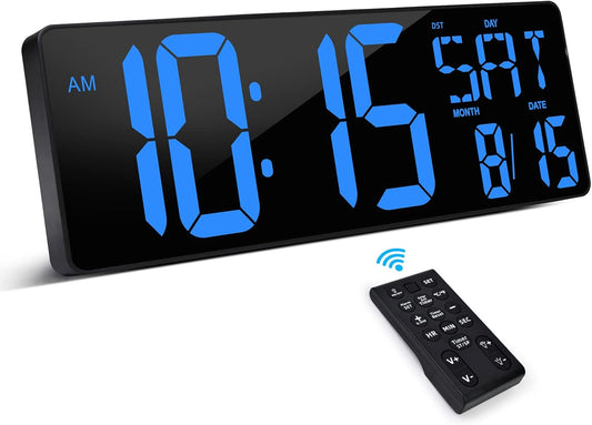 XREXS Large Digital Wall Clock with Remote Control, 16.5 Inch LED Large Display Count Up & Down Timer, Adjustable Brightness Plug-in Alarm Clock with Day/Date/Temperature for Home, Gym, Office