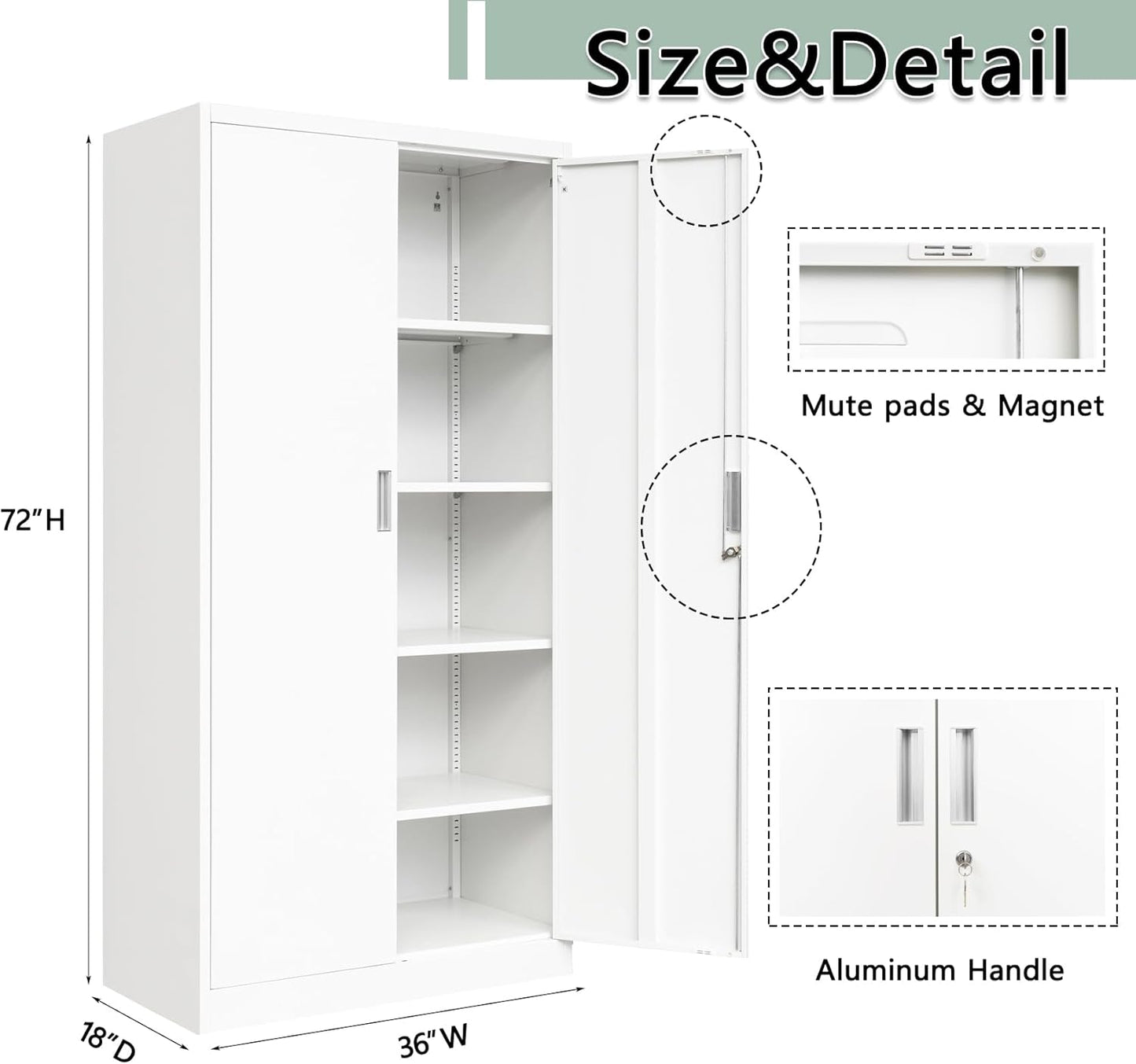 BESFUR Metal Storage Cabinet, 72" - White Garage Metal Cabinet, Adjustable Shelves and Locking Doors for Office, School, Garage