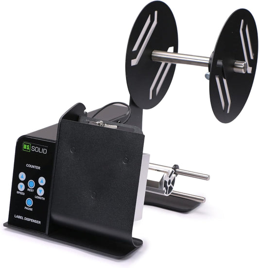 U.S. Solid Automatic Label Dispenser with Fibre Optic Sensor for Transparent and Opaque Labels - Label Width 0.4-4.3 in, Automatic Counting 0-999999 & 9 Level Speed