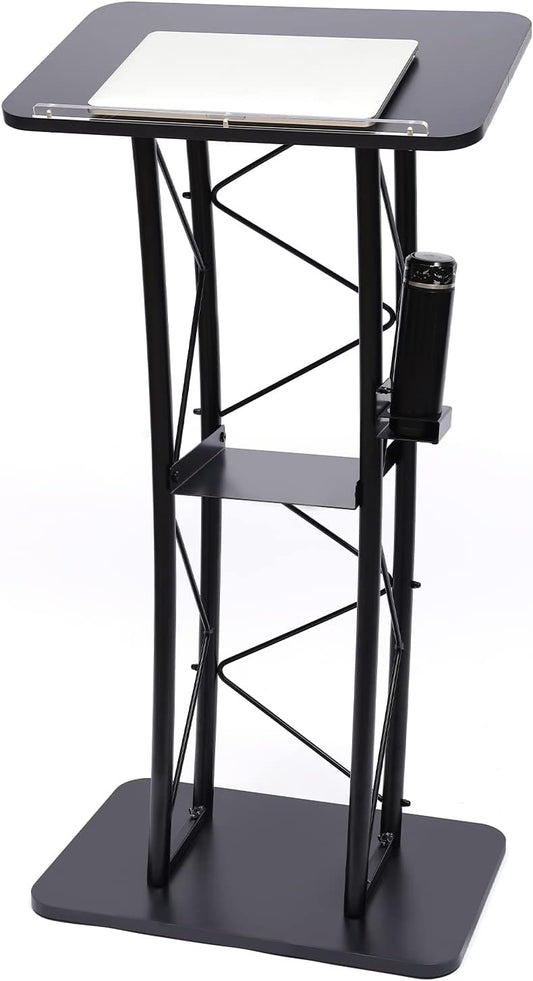 LOYALHEARTDY Black Curved Podium, Truss Metal Pulpit Lectern with A Cup Holder Durable Powder Coat Finish Conference Pulpit Podium for Church School Lectern 47-inch