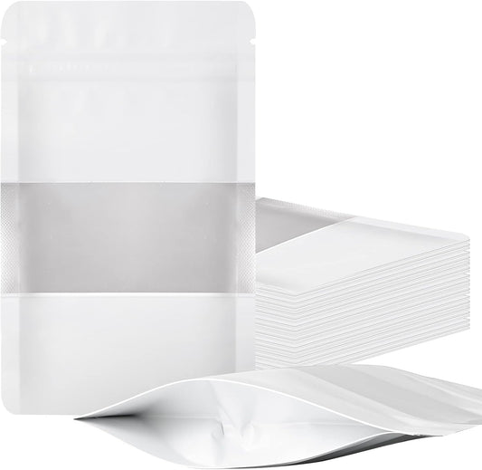 100 Pieces Smell Proof Mylar Bags, Resealable Food Storage Bags with Clear Window, Foil Pouch Stand-up Bags for Food Self Sealing Storage Supplies (White, 4 x 6 Inch)