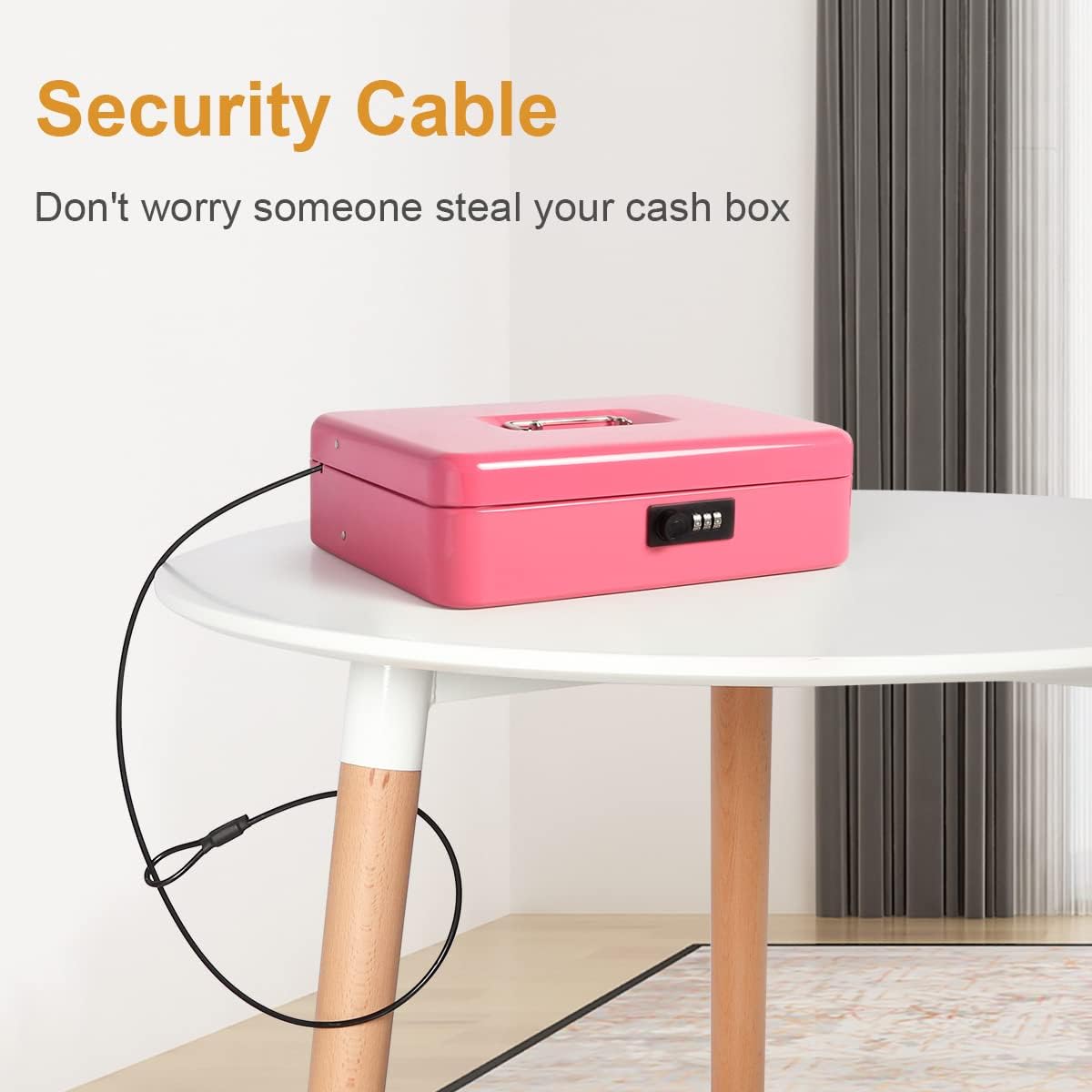 Jssmst Large Locking Cash Box with Money Tray, Metal Money Box with Combination Lock Cash Safe with Security Cable, Pink