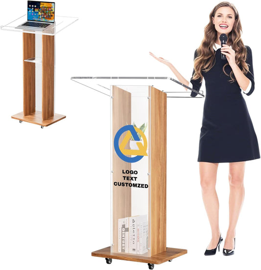 Acrylic Podium Stand, Ultra Clear 43'' Pulpits for Churches with 15 Color Adjustable, Modern Lectern with Storage Sheld for Church,Conference,Speech, 23.62”x 15.75”X 43.3” (Style 3)