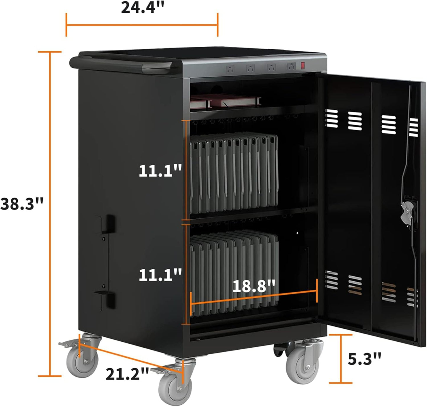 35 Device Mobile Charging Cart, Chromebooks and Laptop Computers, Locking Charging Station with Lock & Key for The Front Back Door, Surge Protection