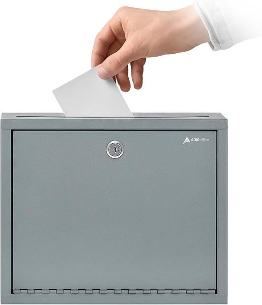 Adir Metal Suggestion Box with Lock and Slot, Wall Mount Deposit Box for Payments and Checks, Office Mail Box for Employees, Mailbox for House, Safe Drop Box with Keys - 3x10x12 Inch Gray