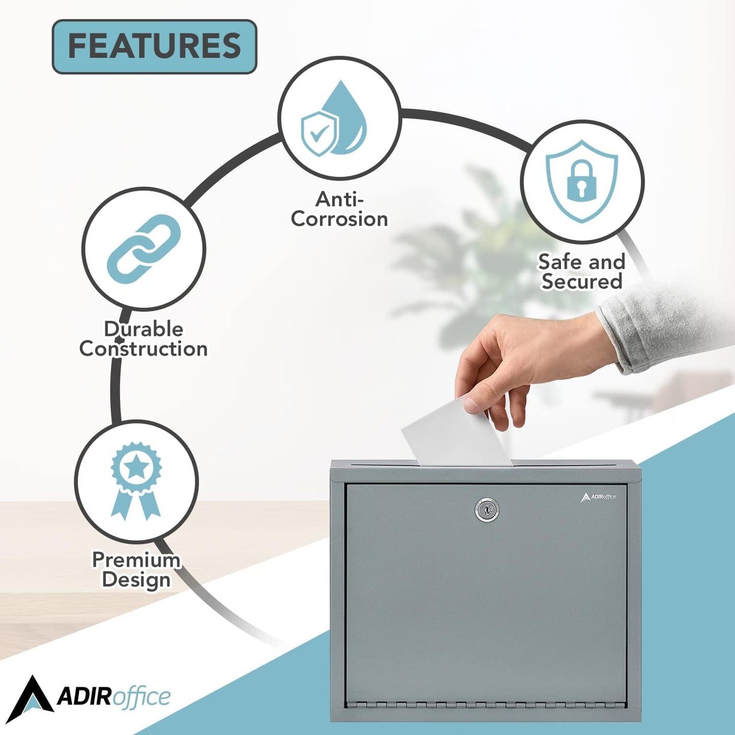 Adir Metal Suggestion Box with Lock and Slot, Wall Mount Deposit Box for Payments and Checks, Office Mail Box for Employees, Mailbox for House, Safe Drop Box with Keys - 3x10x12 Inch Gray