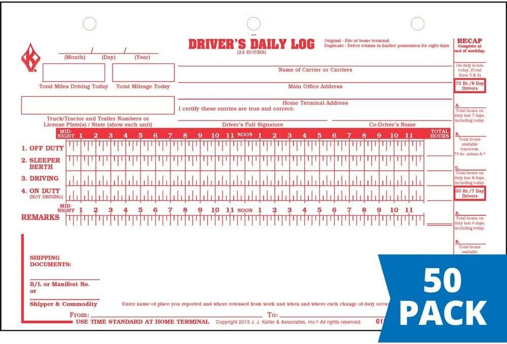 Deluxe Duplicate Driver Daily Log 50-pk. with Detailed DVIR & Daily Recap - Shrinkwrapped Loose-Leaf Format, 2-Ply with Carbon, 8.5" x 5.5", 31 Sets of Forms Per Unit, J. J. Keller & Associates, Inc.