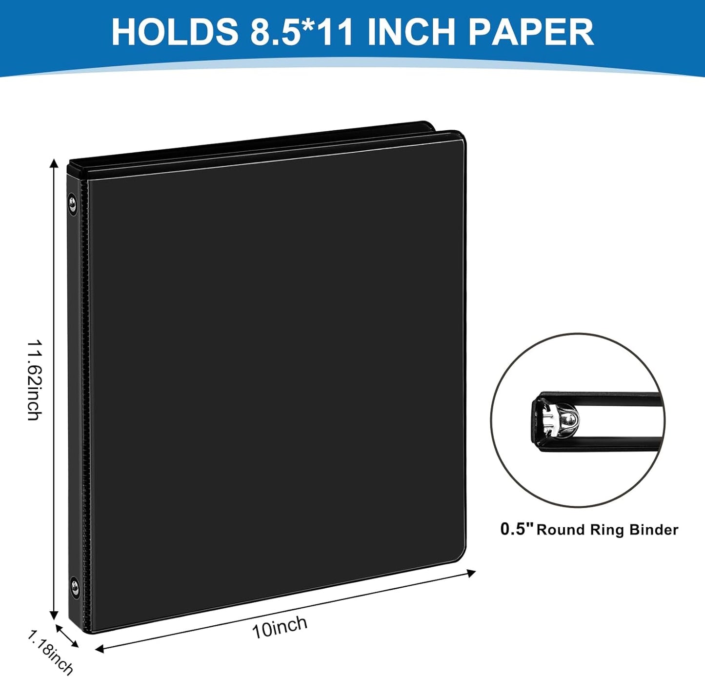 0.5-inch 3-Ring Binder, 1/2 Inch Round Ring Binder with 2 Inside Pockets, 12 Pack Black Binders, Clear View Cover Binders Holds 8.5'' x 11''Paper for Office/Home/Back to School