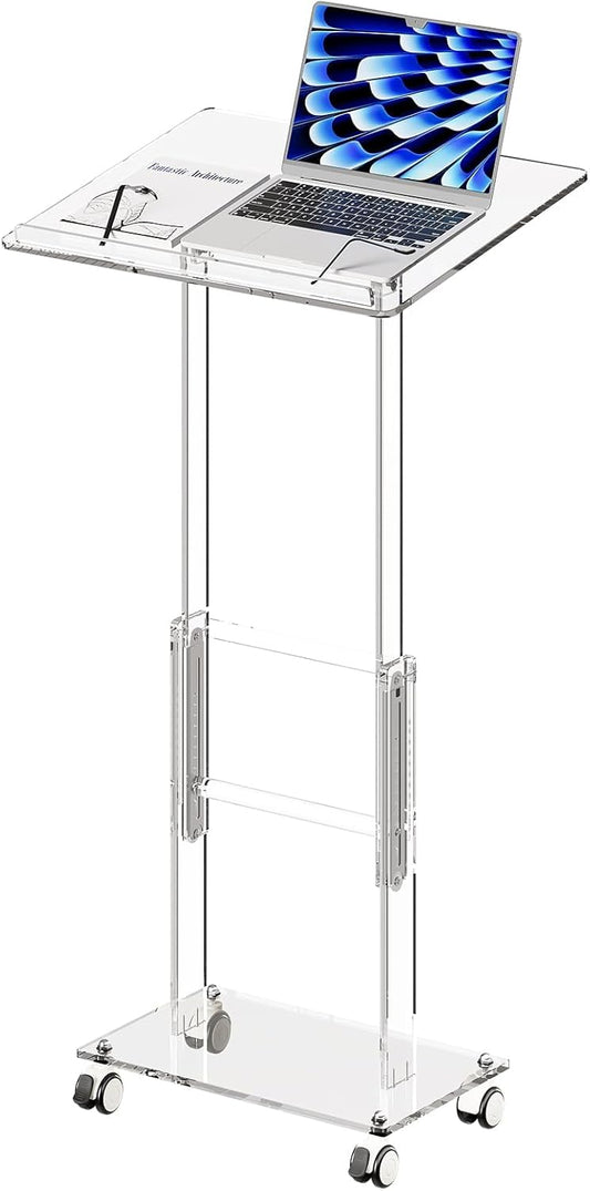 Acrylic Podium Stand,49"H Rolling Podium with Lockable Wheels,Height & Angle Adjustable Lecterns & Podiums, Portable Podium for Classroom,Teachers,Pulpits for Churches,Speech, Clear