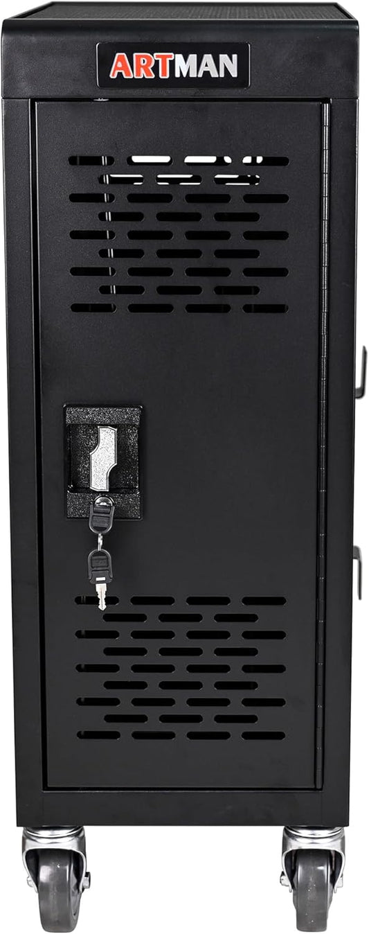 Laptop Charging Cart, 16 Device Tablet Storage Carts for iPad Up to 16.3" Screen Size, Mobile Charging Station for Classroom, with Cord Organizer, Front and Back Access Locking Cabinet Black