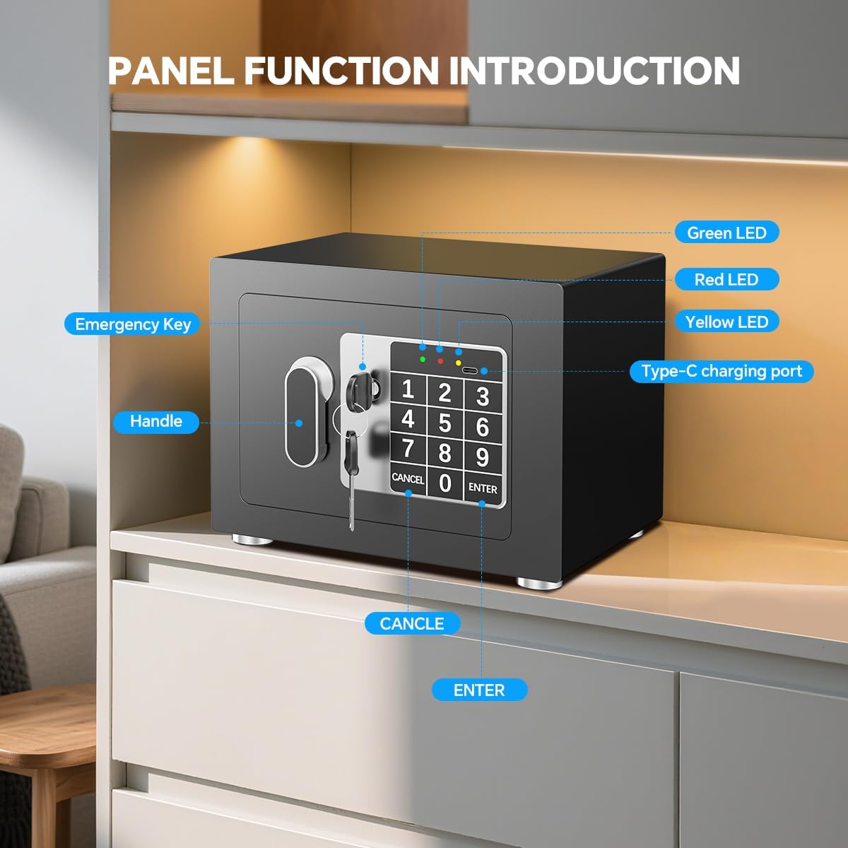 Small Home Safe, 6.7”D x 9”W x 6.7”H, Electronic Keypad Lock Security Box for Cash, Jewelry, Passport, Hidden Safe for Closet, College Dorm Room, Black