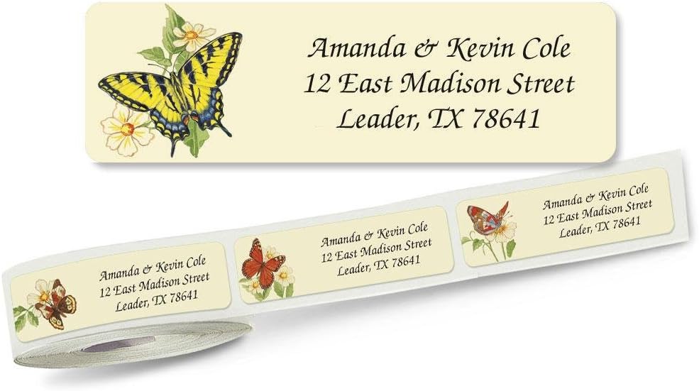 Butterflies Rolled Personalized Return Address Mailing Labels with Dispenser, Set of 250, 5 Designs, Small ¾ x 2½ Inch Size, Custom Self-Adhesive Sticker Roll, by Colorful Images