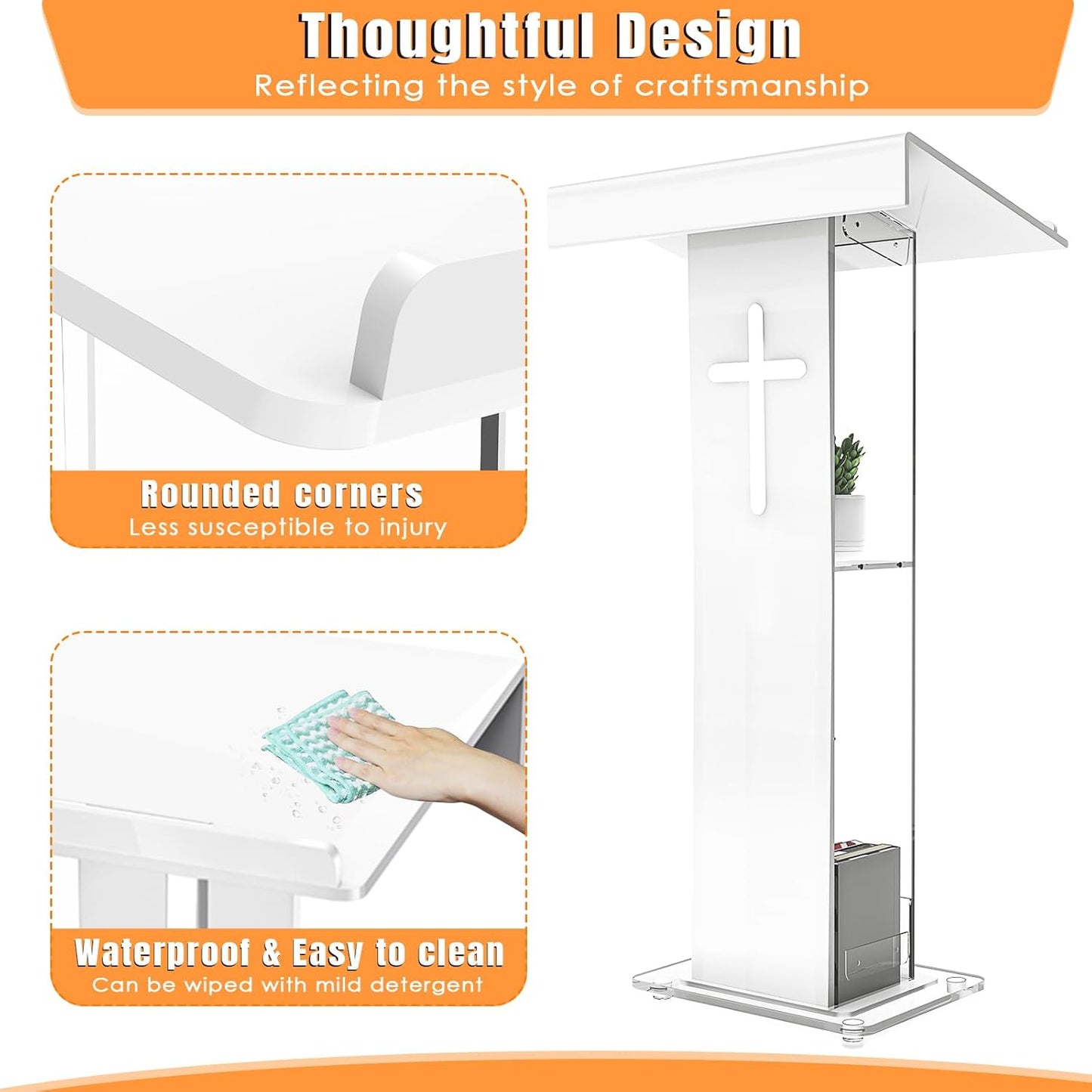 45.3 Acrylic Podium Lectern, Pulpit for Churches Stand with Double Shelves, Modern Plexiglass Pulpits Lectern with Cross Design for Classroom, Conference, Presentation,Wedding