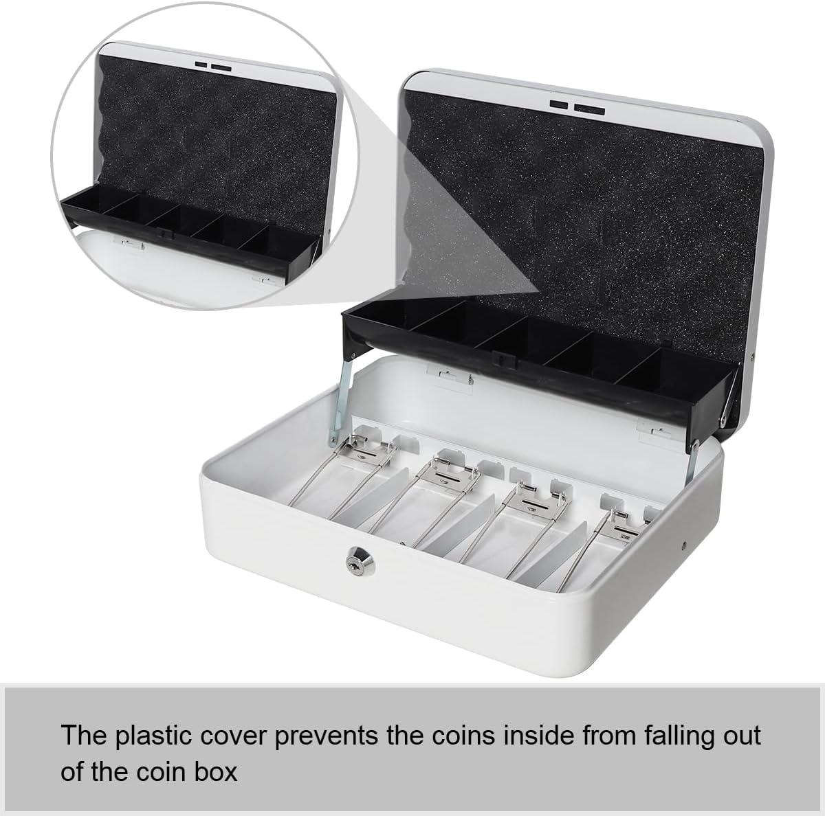 Jssmst Large Locking Cash Box with Money Tray, Lock Box with Security Cable Metal Money Box with Key Lock, White