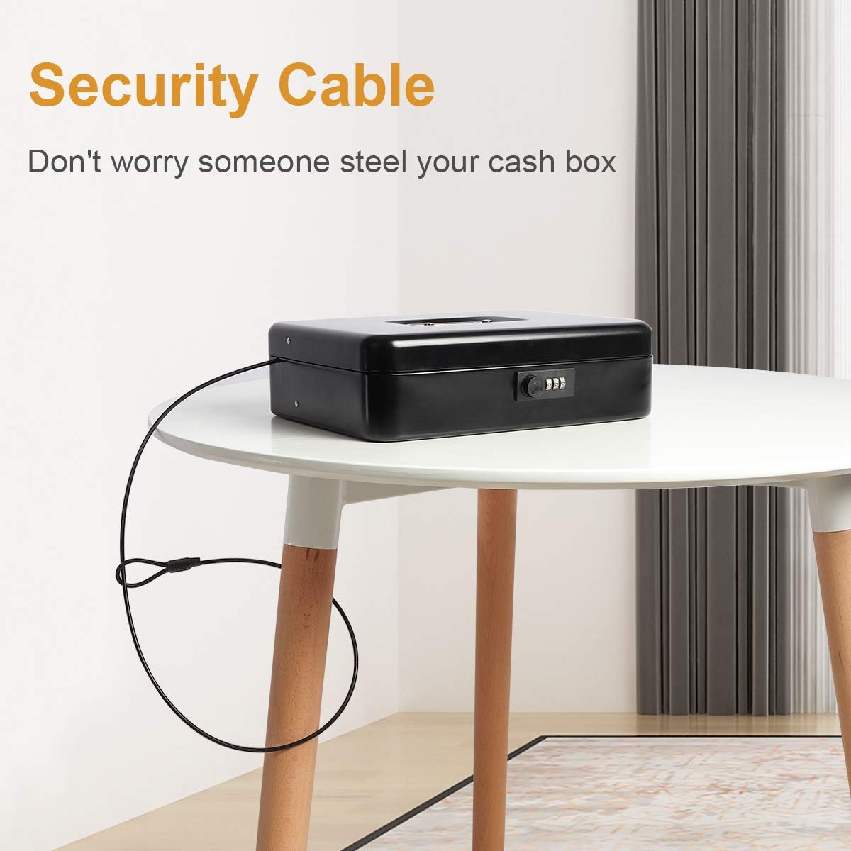 Jssmst Large Locking Cash Box with Money Tray, Metal Money Box with Combination Lock Cash Safe with Security Cable, Black, SM-CB02302XL