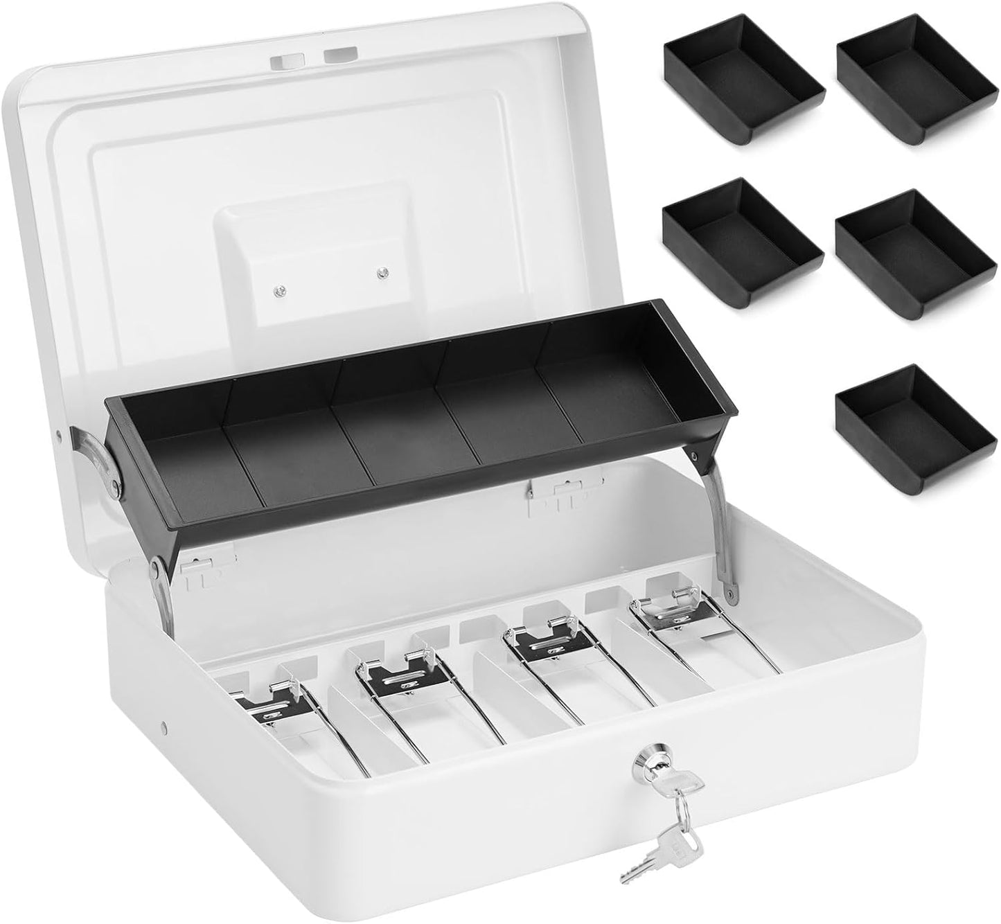 Large Locking Cash Box with Key Lock and Money Tray, Money Box with Cash Tray, Lock Safe Box for Office Business, 11.8" x 9.5" x 3.5", White