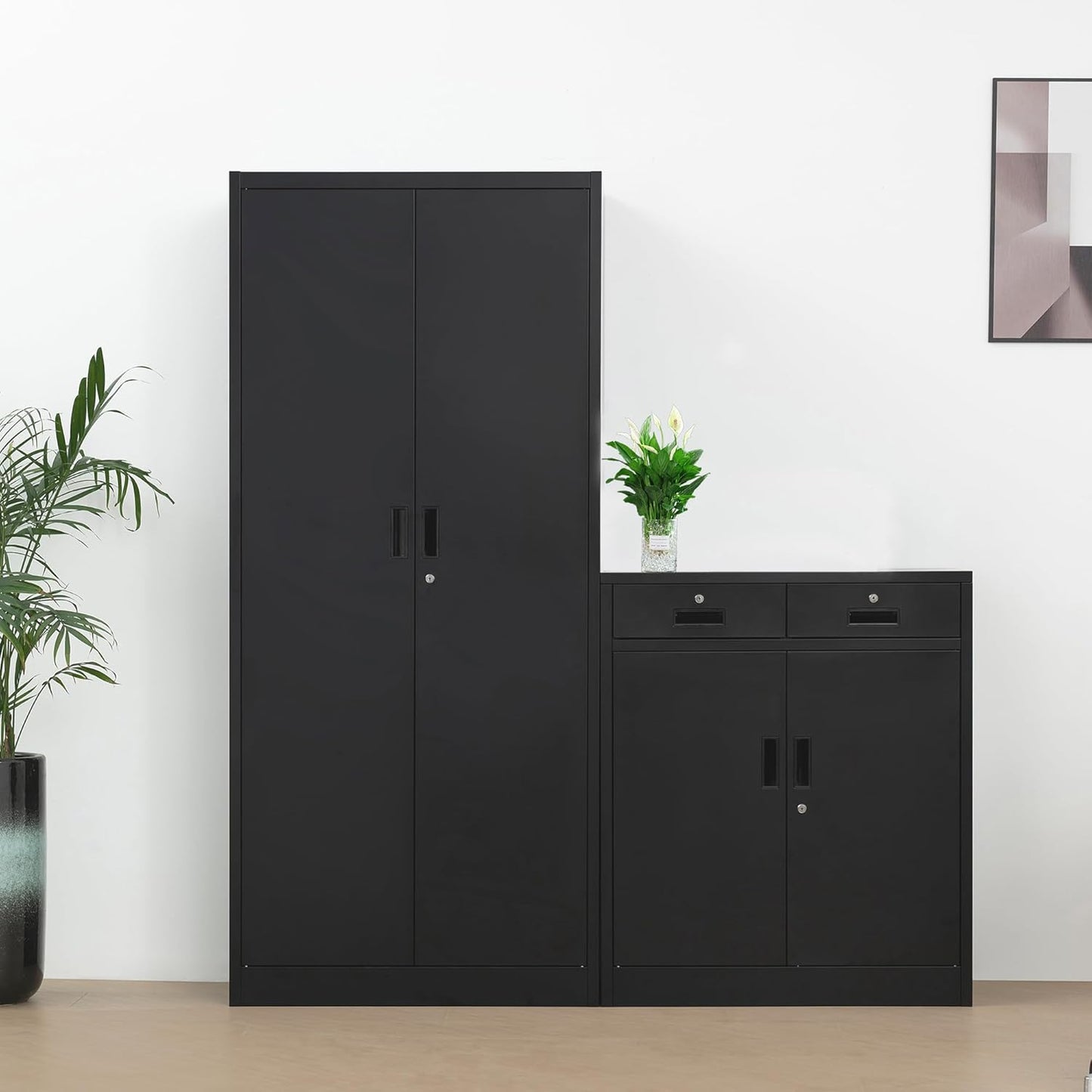 CMY Metal Storage Cabinet, Locking Storage Cabinet with Two Drawers, 36" H Steel Cabinets with Adjustable Shelf for Office, Garage, Home-Black