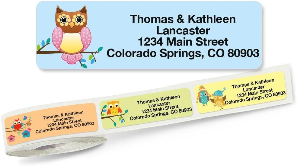 Owls Seasonal Rolled Personalized Return Address Mailing Labels with Dispenser, Set of 500, 5 Designs, Small ¾ x 2½ Inch Size, Custom Self-Adhesive Sticker Roll, by Colorful Images