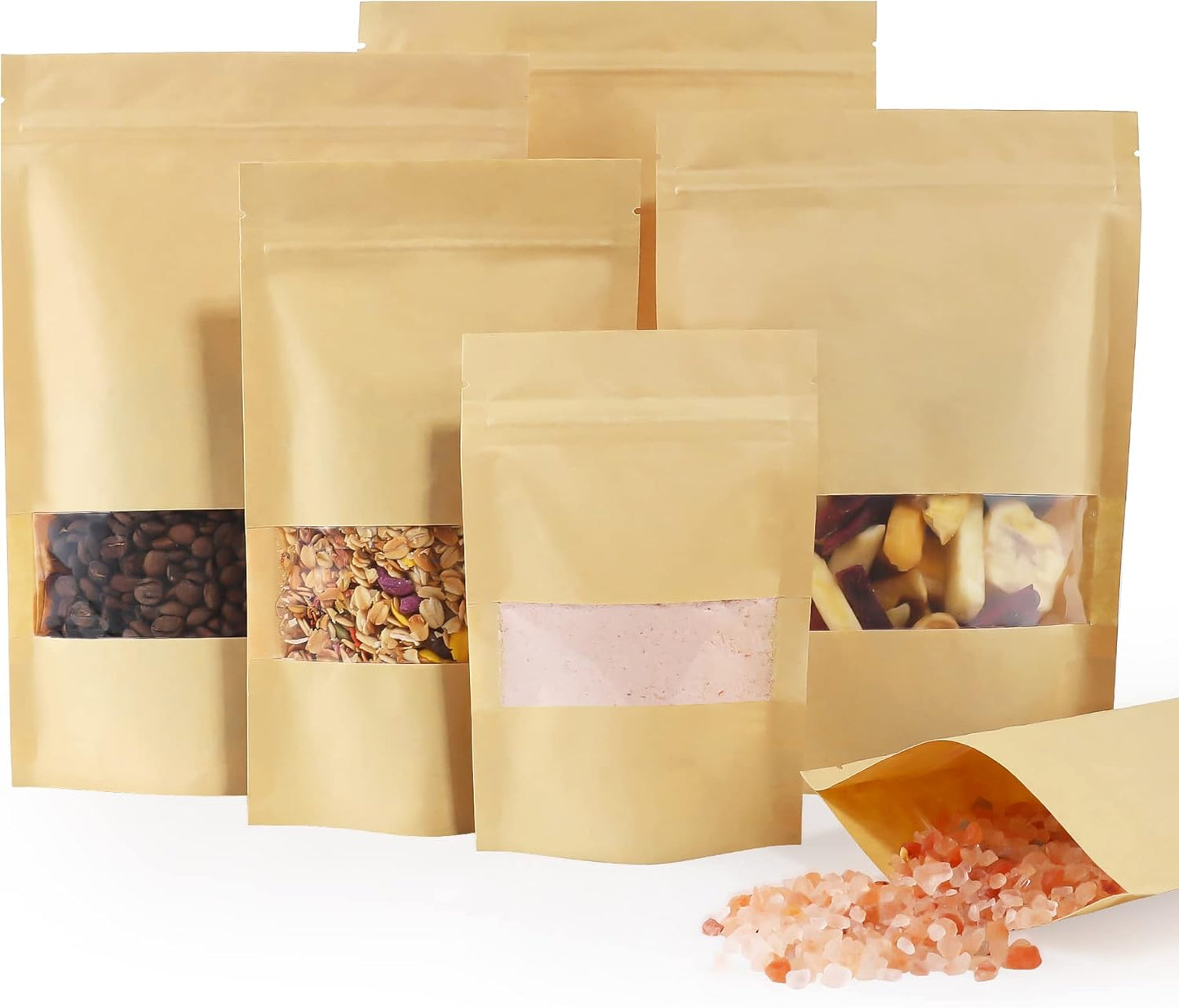 FireKylin 100 Pcs Brown Paper Bags with Window, 4.7" x 7.9" Stand Up Pouches, Zipper Food Storage Bags for Packaging Products, Reusable, Sealable