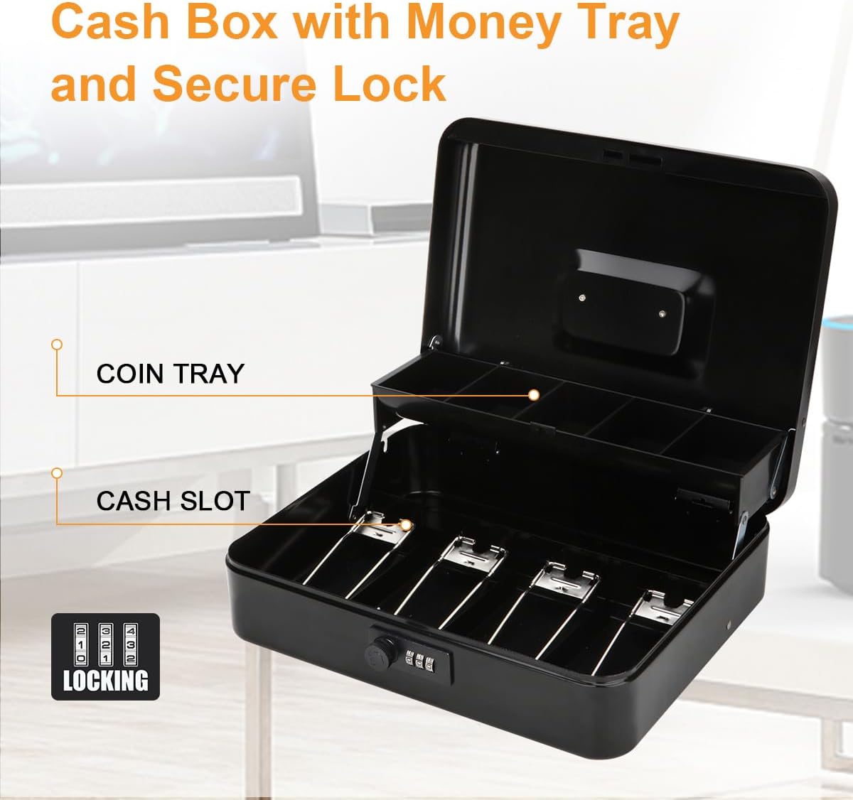 Jssmst Large Locking Cash Box with Money Tray, Metal Money Box with Combination Lock Cash Safe with Security Cable, Black, SM-CB02302XL