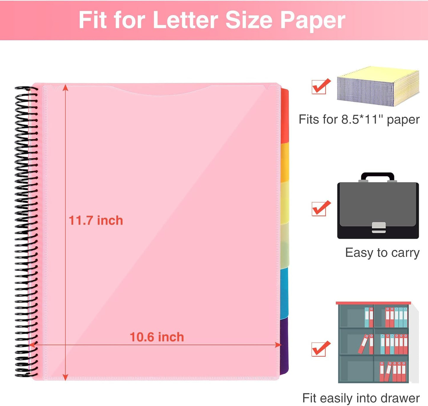 12 Pocket Project Organizer, Forvencer 1/6-cut Tab Binder Organizer with Sticky Labels, Multi Pocket Folder with Zipper Pouch, Folder Binder Spiral Pocket Notebook, Office Supplies, Letter Size, Blush