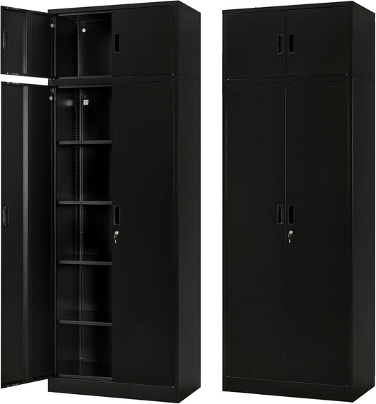 BESFUR Metal Storage Cabinet 87" H,Tall Locking Storage Cabinets with Top Cabinet and 4 Adjustable Shelves for Home Office, Garage,School, Apartment, Warehouse, Utility Room，Black