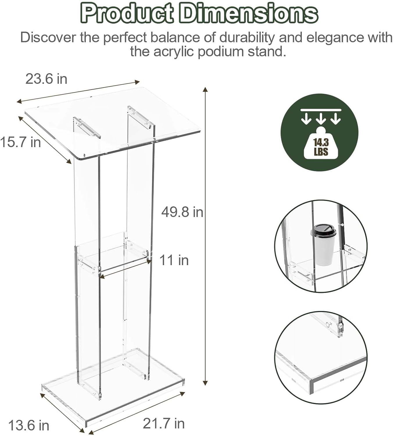Dethan Acrylic Clear Lecterns Podium Stand, 50 Inch - Pulpits for Classrooms, Weddings, Churches, Conference, Speeches, Professional Presentation Podiums with Storage Shelf (Transparent)