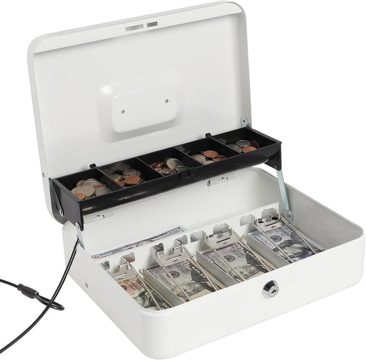 Jssmst Large Locking Cash Box with Money Tray, Lock Box with Security Cable Metal Money Box with Key Lock, White