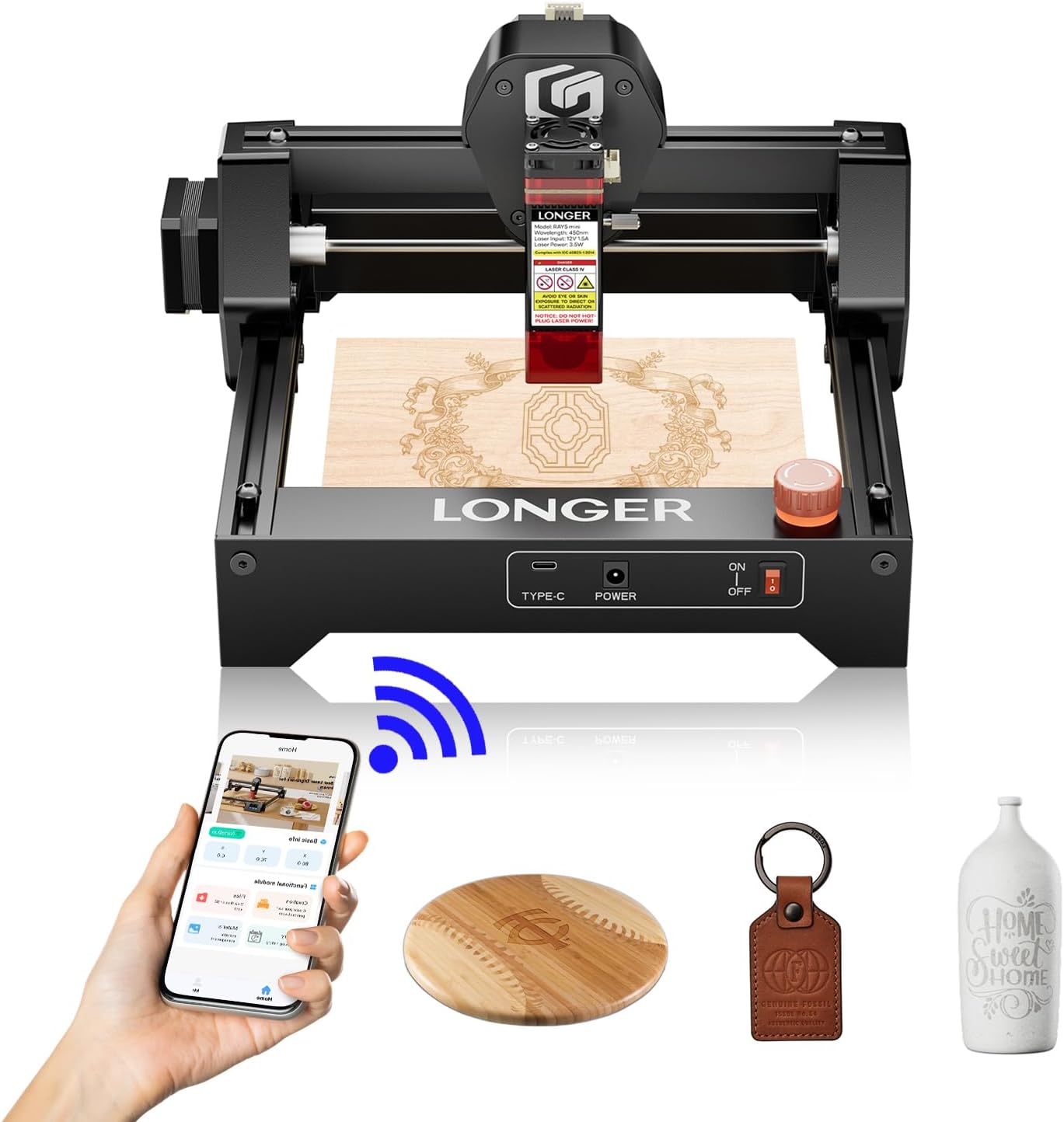 LONGER Ray5 mini Laser Engraver, 12000mm/min High-Speed Cutter for Wood, Metal, Acrylic, Leather, DIY CNC, 140x130mm Engraving Area, WiFi, Emergency Stop Safety (2.5W)