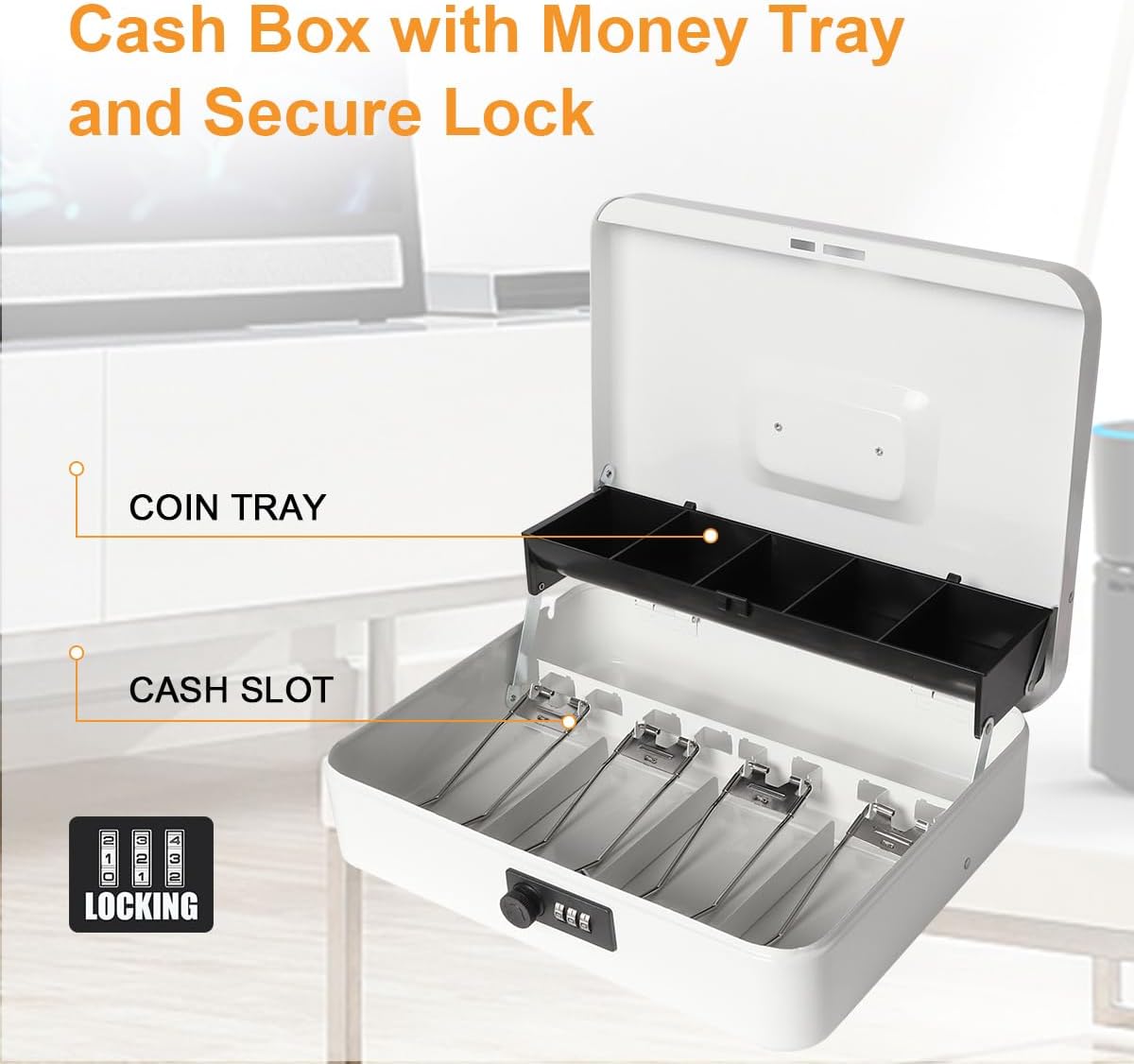 Jssmst Large Locking Cash Box with Money Tray, Metal Money Box with Combination Lock, White
