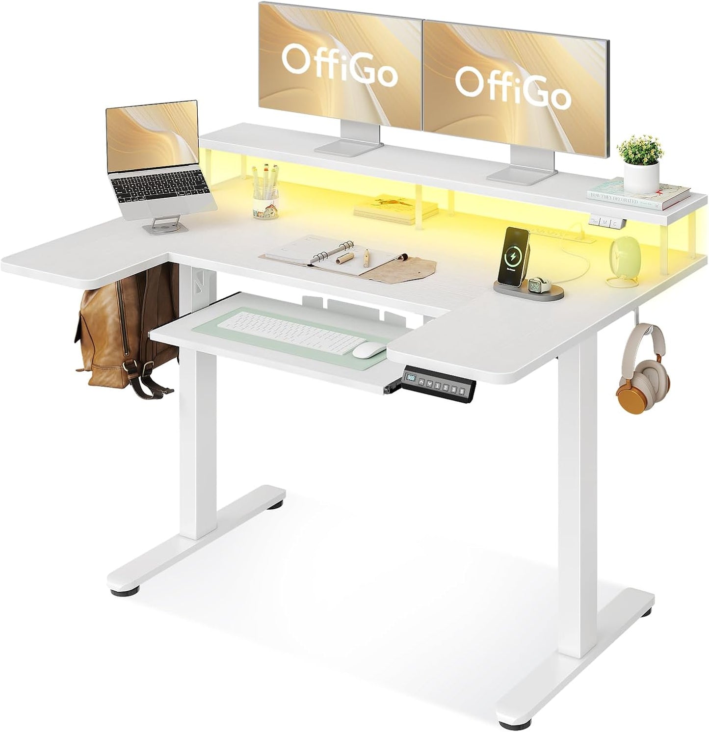 OffiGo U Shaped Electric Standing Desk with Keyboard Tray, 48 Inch Height Adjustable Desk with Power Outlets & LED Lights, Sit Stand Table with Monitor Stand for Home, Office, White