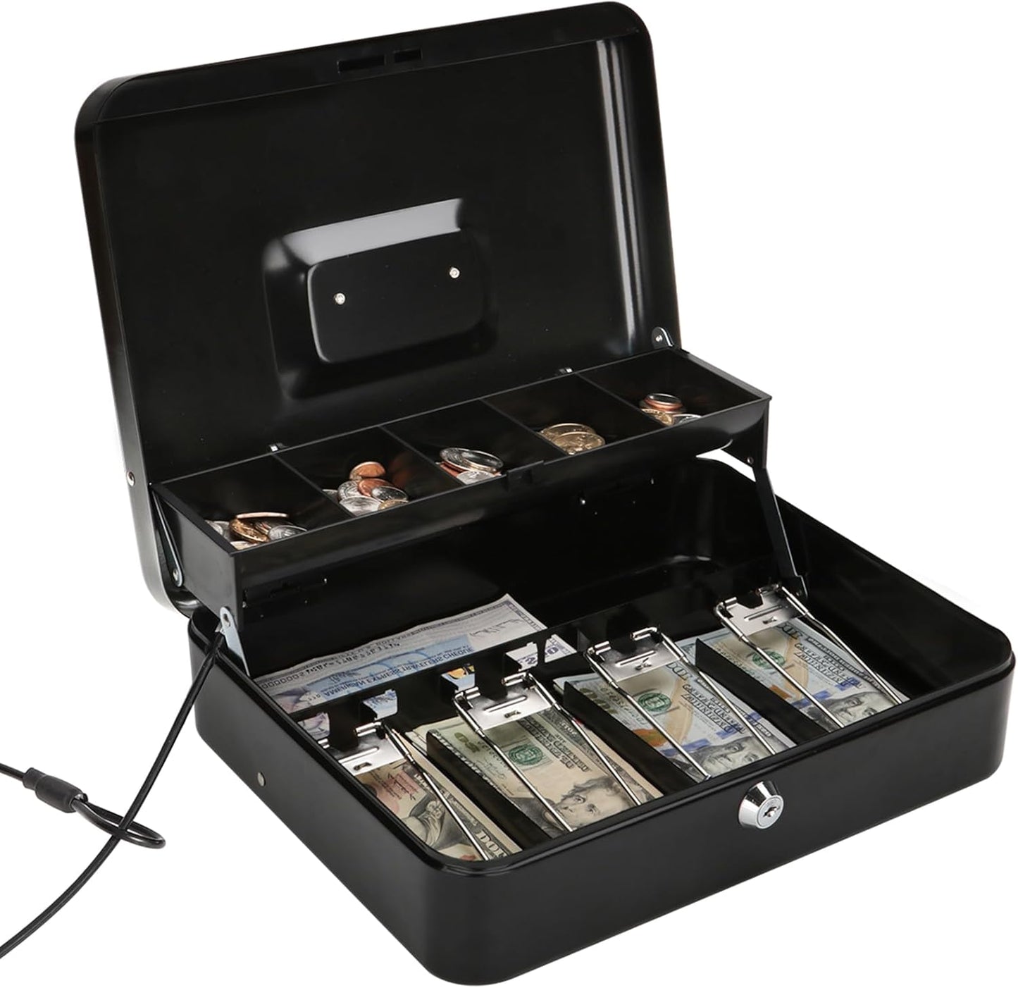 Jssmst Large Locking Cash Box with Money Tray, Lock Box with Security Cable Metal Money Box with Key Lock, Black, CB02304XL