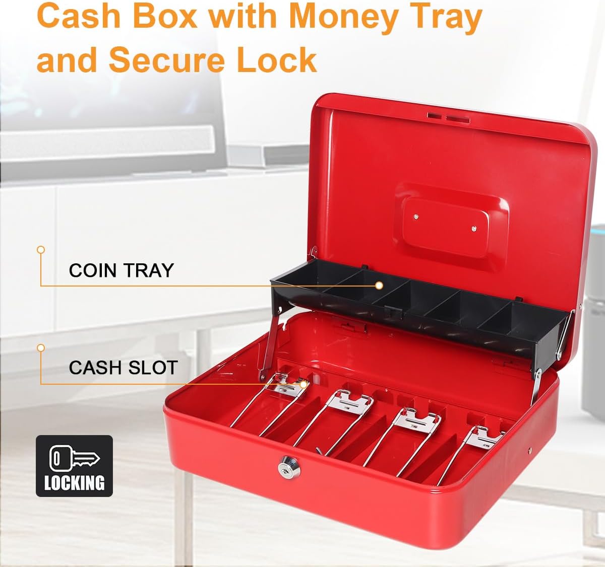 Jssmst Large Locking Cash Box with Money Tray, Lock Box with Security Cable Metal Money Box with Key Lock, Red