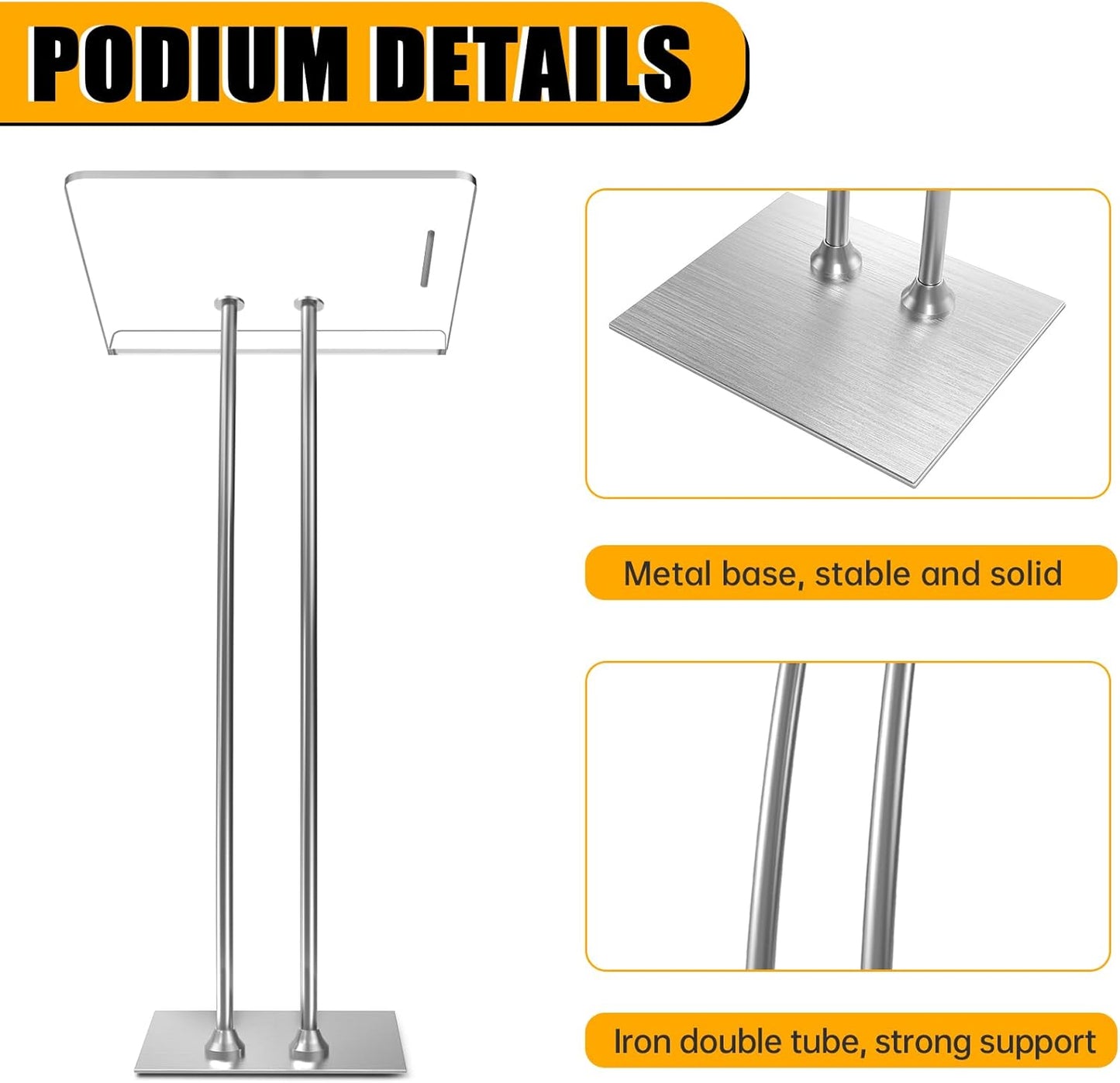 45'' Acrylic Podium Stand - Ultra Clear Iron Podium Pulpits for Churches, Modern Lectern for Conference, Speech, Classroom - 44.9''H x 23.6''L x 15.7''W