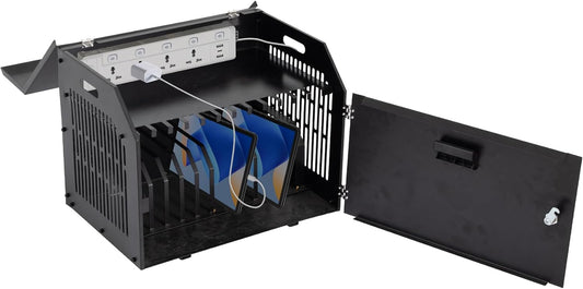 biosp 12-Device Portable Charging Station with Lock for Tablets, iPads, Chromebooks, Locking Laptop Storage Box, Lockable Cabinet with Cable Management for Classroom, Office, Black