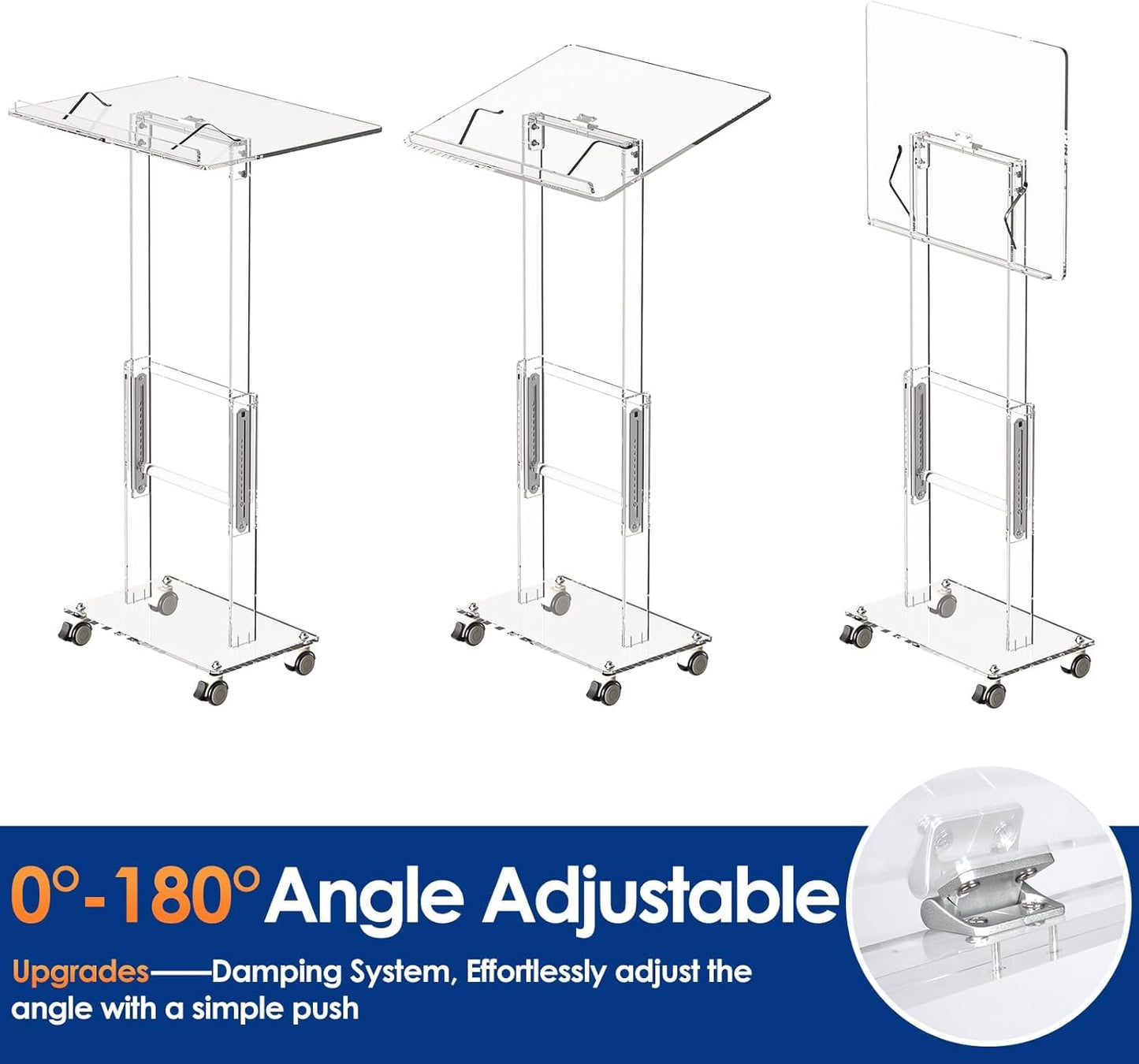Acrylic Podium Stand,49"H Rolling Podium with Lockable Wheels,Height & Angle Adjustable Lecterns & Podiums, Portable Podium for Classroom,Teachers,Pulpits for Churches,Speech, Clear