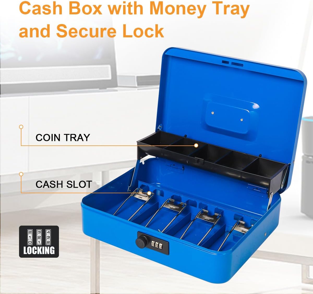 Jssmst Large Locking Cash Box with Money Tray, Metal Money Box with Combination Lock, Code Lock Box Blue Money Safe, SM-CB02305XL