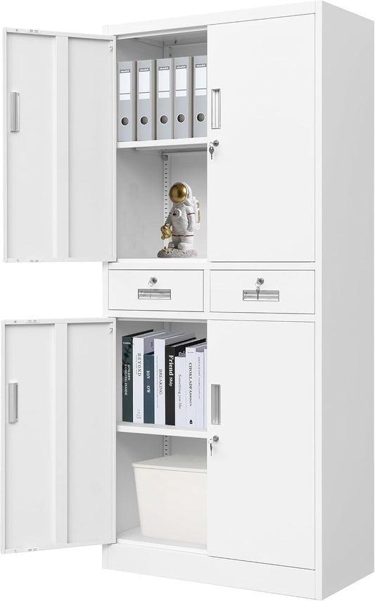 CMY Metal Storage Cabinet, 71" H x 32" W x 16" D Locking Cabinet with Adjustable Shelves and 2 Drawers, Steel Storage Cabinet for Office, Garage, Home, School, Utility Room-White