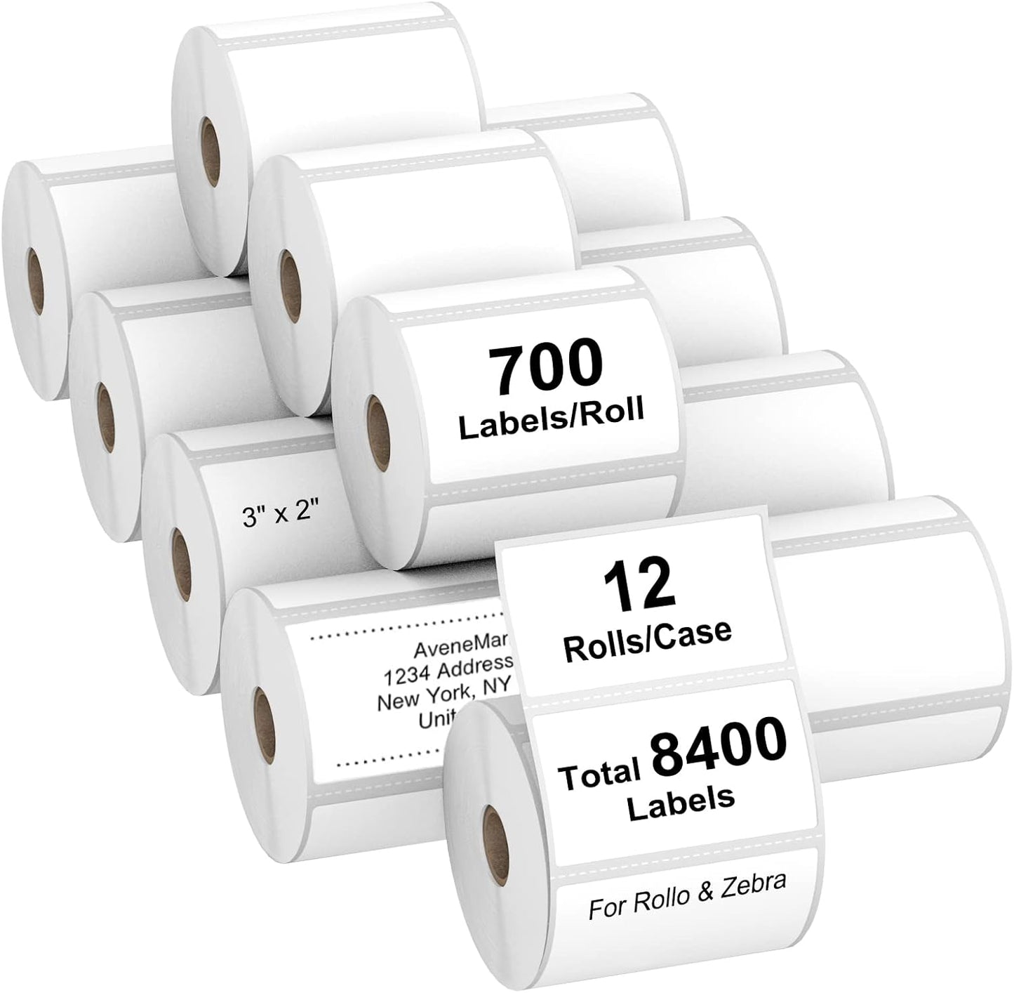 AveneMark 12 Rolls 3” X 2” Direct Thermal Labels for Barcodes, Address Labels Perforated & Compatible with Rollo & Zebra Desktop Label Printers (700/Roll)