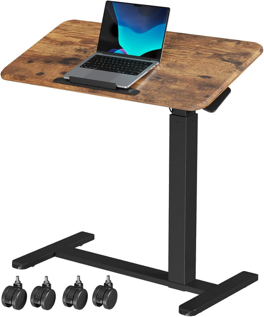 Mobile Standing Desk, Height Adjustable Left/Right Overbed Bedside Table, 90° Tiltable Portable Laptop Desk with Wheels, Foldable Computer Cart for Hospital Home Use, Rustic Brown
