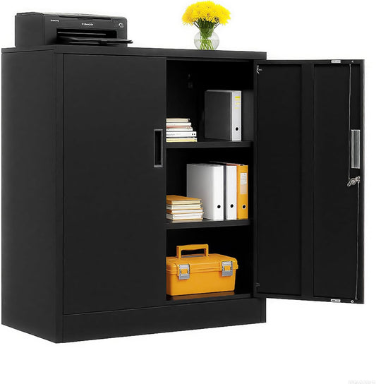 BESFUR Metal Storage Cabinet 36" H, Black Steel Locking Cabinet with 2 Lockable Doors and 2 Adjustable Shelves for Home Office, Garage, School, Apartment, Warehouse