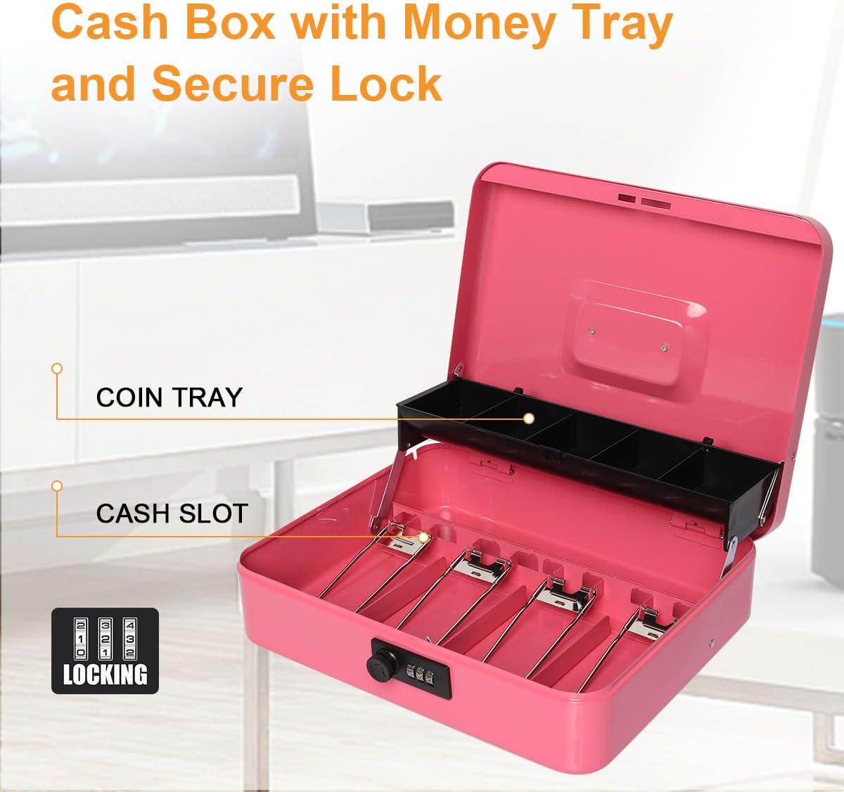 Jssmst Large Locking Cash Box with Money Tray, Metal Money Box with Combination Lock Cash Safe with Security Cable, Pink