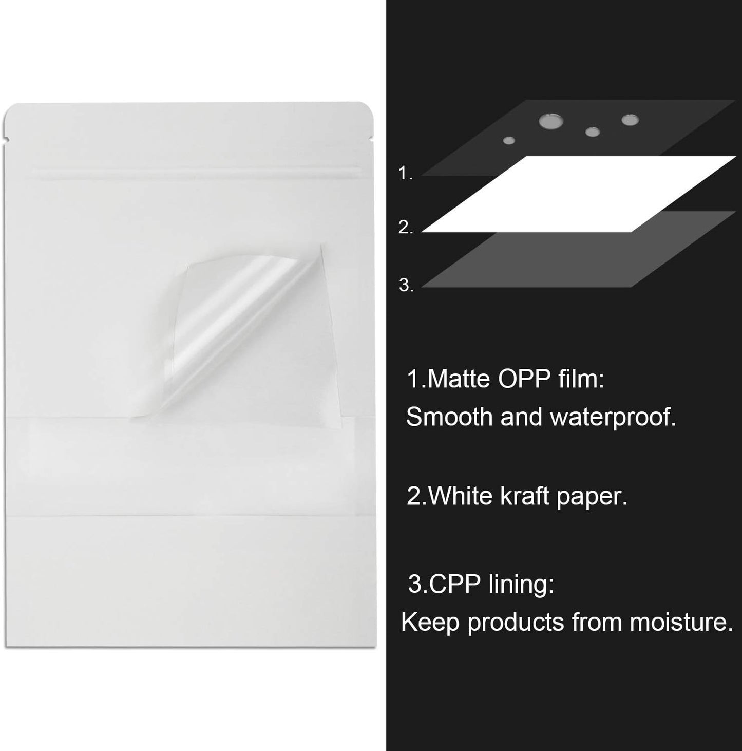 Blisstime 50 Pieces Resealable Bags for Small Business, White Kraft Paper Stand Up Pouches with Matte Window Reusable Heat Sealable Bags for Packaging (7 X 10.2 Inches)