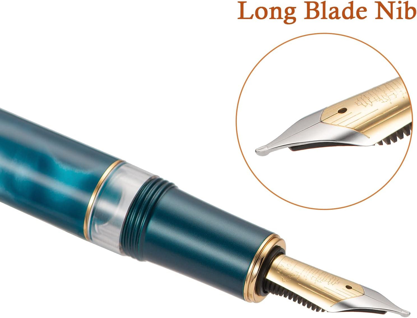 Hongdian N7 Blue Peacock Resin Piston Fountain Pen, Iridium Long Blade Fine Nib Classic Pen, Smooth Writing Pen with Metal Box