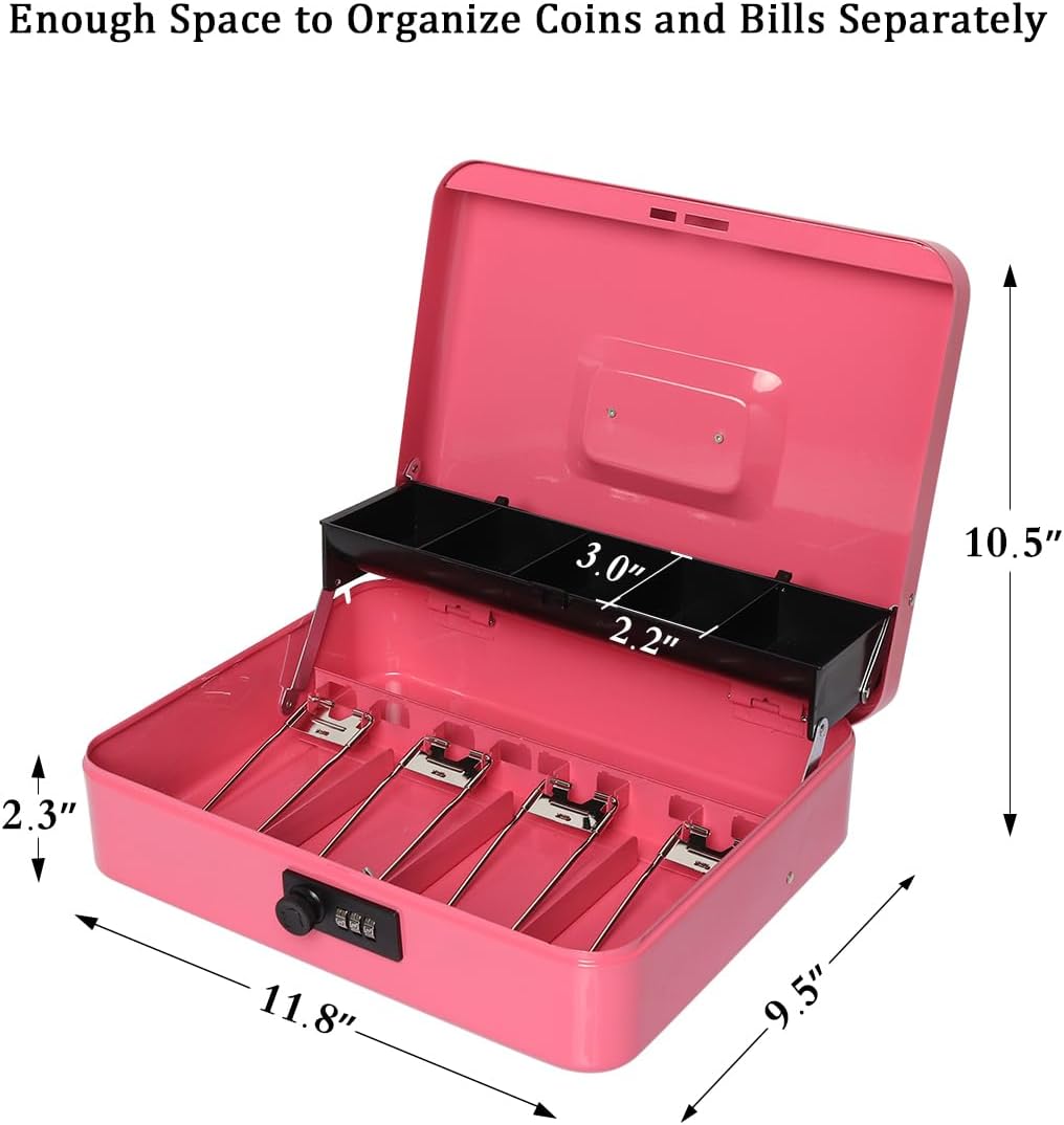 Jssmst Large Locking Cash Box with Money Tray, Metal Money Box with Combination Lock Cash Safe with Security Cable, Pink